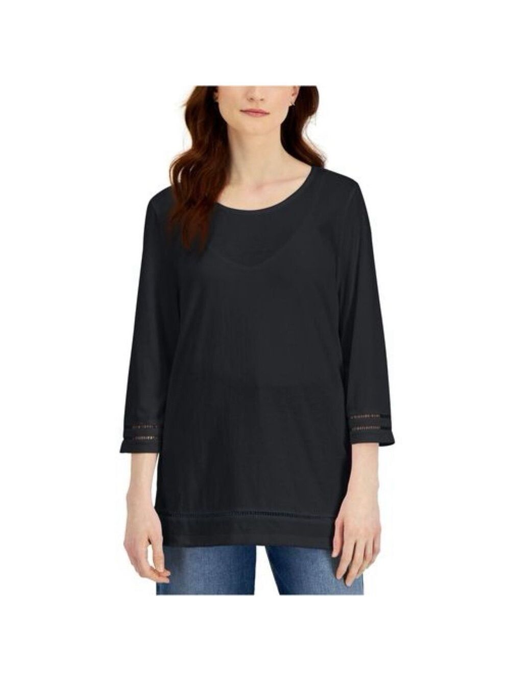 Karen Scott Scoop Neck 3/4 Sleeve Modal Cotton Lattice-Trim Long Length Top
